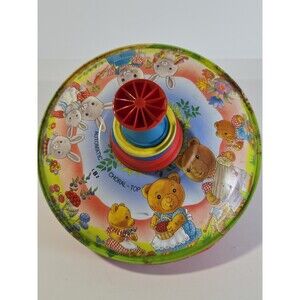 LBZ Lorenz Bolz Zirndorf Tin Toy Spinning Top Bunnies Bears West Germany 9" dia